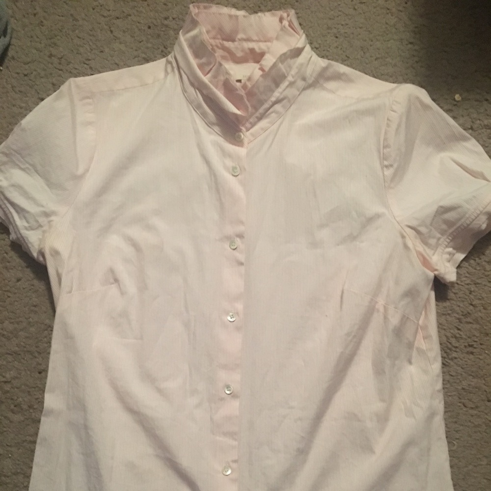 J. Crew pink striped blouse with ruffle collar